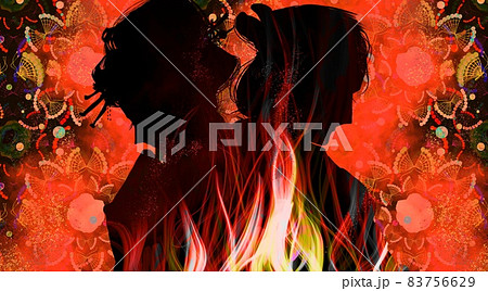 道ならぬ恋の炎と江戸時代の悲恋の恋人たちの影絵風シルエット 83756629