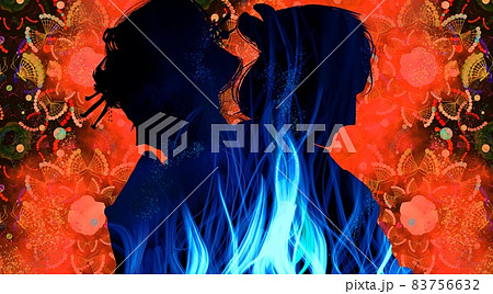 道ならぬ恋の炎と江戸時代の悲恋の恋人たちの影絵風シルエット 83756632