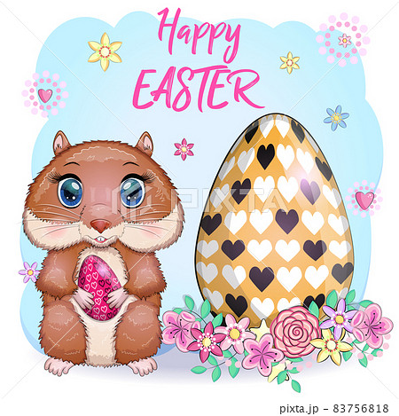 Cute hamster with easter egg, hamster cartoon characters, funny animal character, Easter concept, postcard Cute hamster with easter egg, hamster cartoon characters, funny animal character, Easter concept, postcard 83756818