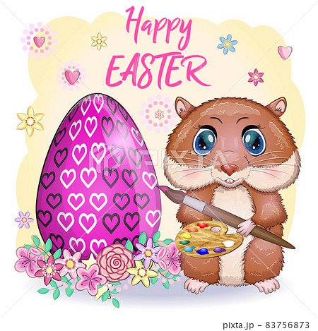 Cute hamster with easter egg, hamster cartoon characters, funny animal character, Easter concept, postcard 83756873