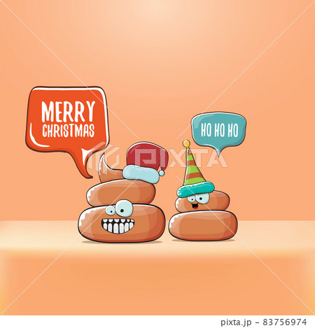 Funky christmas hand drawn greeting card. vector funny cartoon cool tiny brown poo character with santa red and his poo elf friend 83756974