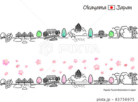 春の岡山県の観光地の街並みのシンプル線画セット 83756975