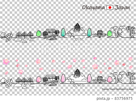 Simple line art set of cityscapes of sightseeing spots in Okayama prefecture in spring 83756975