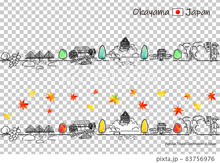 Simple line art set of cityscape of sightseeing spots in Okayama prefecture in autumn 83756976