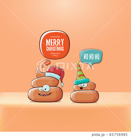 Funky christmas hand drawn greeting card. vector funny cartoon cool tiny brown poo character with santa red and his poo elf friend 83756985