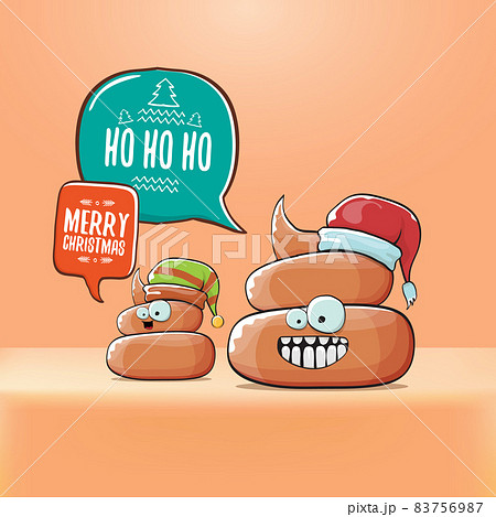 Funky christmas hand drawn greeting card. vector funny cartoon cool tiny brown poo character with santa red and his poo elf friend 83756987