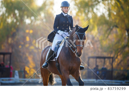 Teenage girl riding horse on equestrian dressage test in autumn Teenage girl riding horse on equestrian dressage test in autumn 83759299