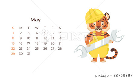 Cute cartoon tiger May 2022 calendar horizontal template. 83759397
