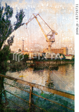 Sunset Sunbeams, Shipyard. A gantry crane in front of the production halls and the sky. 83759731
