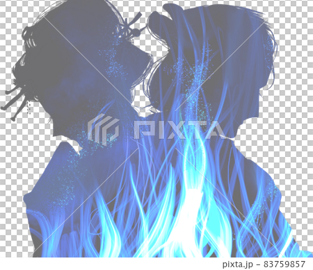 身分差の恋で別れを悲しみ抱擁する町娘と若侍と炎のシルエット 83759857