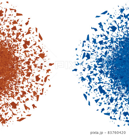 Explosion Cloud of Red and Blue Pieces on White Background. Sharp Particles Randomly Fly in the Air. Big Explosion 83760420
