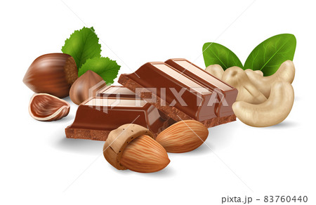 Broken chocolate bars with mix of nuts on white background, realistic vector illustration 83760440