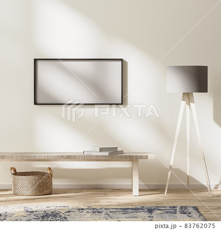 horizontal frame mock up in modern living interior, bright room with sunbeams, wall mock up, 3d rendering 83762075