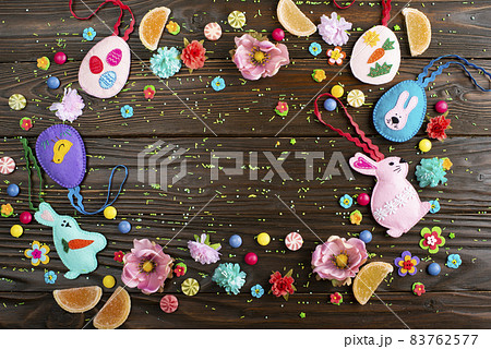 Hand made felt toys in shape of Easter egg, chicken and rabbit Hand made felt toys in shape of Easter egg, chicken and rabbit 83762577