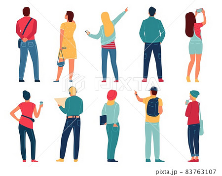 People back view. Men and women stand rears turned. Different posing. Tourists look sights. Standing contemplative characters. Students in casual clothes make selfies. Vector persons set 83763107