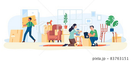 Packing home things. Married couple puts furniture in boxes. House moving. Family relocation preparation. People sort household. Property transportation and delivery. Vector concept 83763151