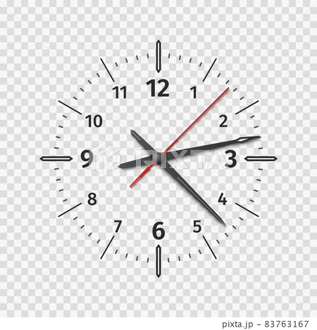 Clock face mockup. Realistic quartz watch with hour and minute hands. Round divisions with second arrow and numbers. Time passage. Timepiece on transparent background. Vector concept Clock face mockup. Realistic quartz watch with hour and minute hands. Round divisions with second arrow and numbers. Time passage. Timepiece on transparent background. Vector concept 83763167