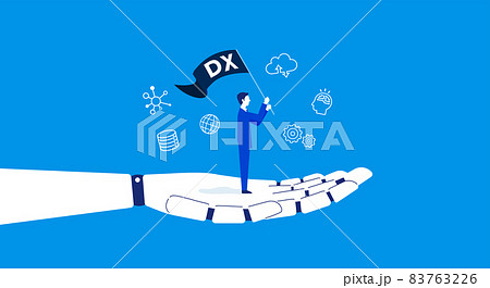 ロボットの手と旗を持つビジネスマン Dxのコンセプトイメージイラスト ベクターのイラスト素材