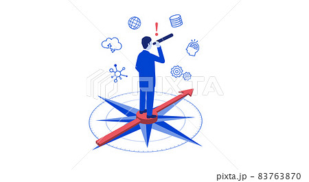 望遠鏡をのぞくビジネスマン、羅針盤と矢印の背景、ベクターイラスト、白バック 83763870