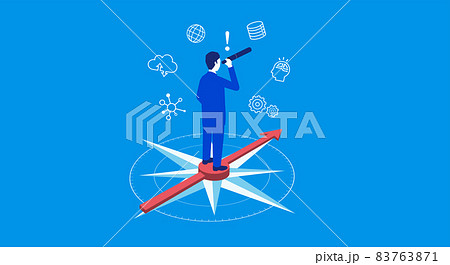 望遠鏡をのぞくビジネスマン、羅針盤と矢印の背景、ベクターイラスト、青バック 83763871