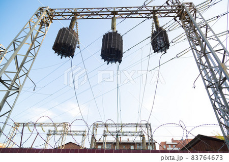 Energy nodes and parts under high voltage on the background of the sky Energy nodes and parts under high voltage on the background of the sky 83764673