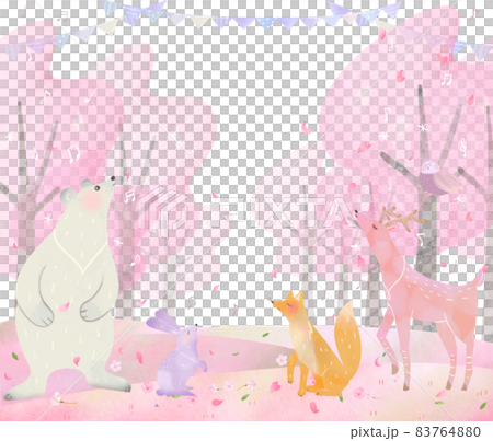Spring Scandinavian cute frame illustration vector material with musical notes singing cherry trees in full bloom and animals in the forest 83764880