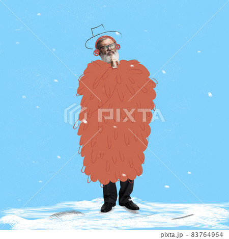 Modern design, contemporary art collage. Inspiration, idea, trendy urban magazine style. Senior man wearing warm winter clothes Modern design, contemporary art collage. Inspiration, idea, trendy urban magazine style. Senior man wearing warm winter clothes 83764964