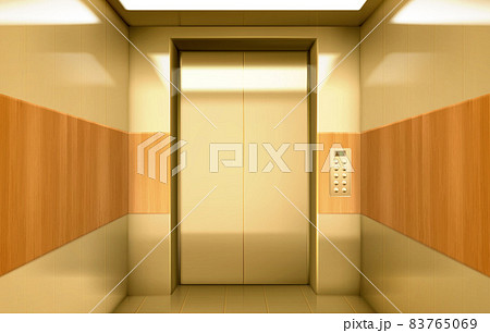 Golden elevator cabin with closed doors inside 83765069