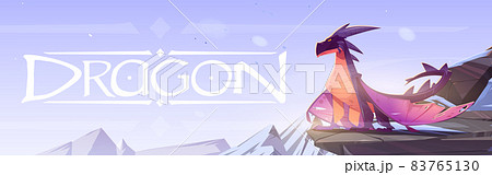 Poster with fairytale dragon on cliff in mountains 83765130