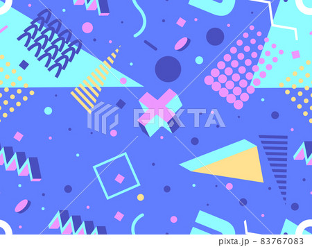 Geometric seamless pattern in 80s memphis style. Isometric geometric 3D shapes. Trendy retro background for printing on paper, promotional materials and fabric. Vector illustration 83767083