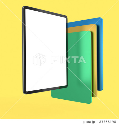 Set of computer tablets with cover case and blank screen isolated on yellow. 83768198
