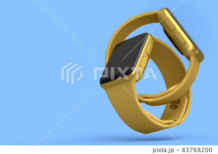 Set of gold smart watches or fitness tracker isolated on blue background. 83768200