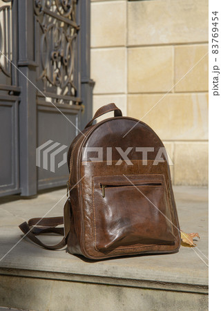 Brown leather backpack on the snone monument Brown leather backpack on the snone monument 83769454