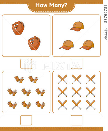 Counting game, how many Baseball Glove, Golf Gloves, Cap Hat, and Baseball Bat. Educational children game, printable worksheet, vector illustration Counting game, how many Baseball Glove, Golf Gloves, Cap Hat, and Baseball Bat. Educational children game, printable worksheet, vector illustration 83769785