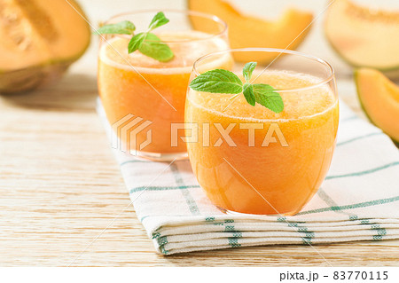 Homemade smoothie with fresh melon and mint on a wooden table. Homemade smoothie with fresh melon and mint on a wooden table. 83770115
