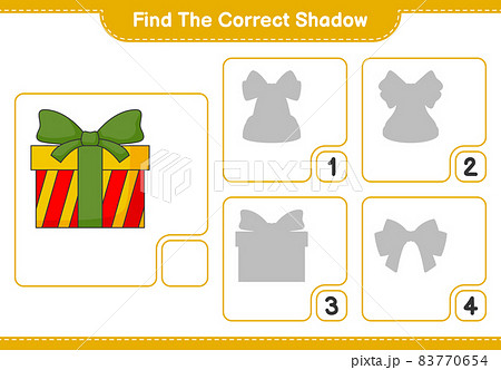 Find the correct shadow. Find and match the correct shadow of Box Gift. Educational children game, printable worksheet, vector illustration Find the correct shadow. Find and match the correct shadow of Box Gift. Educational children game, printable worksheet, vector illustration 83770654