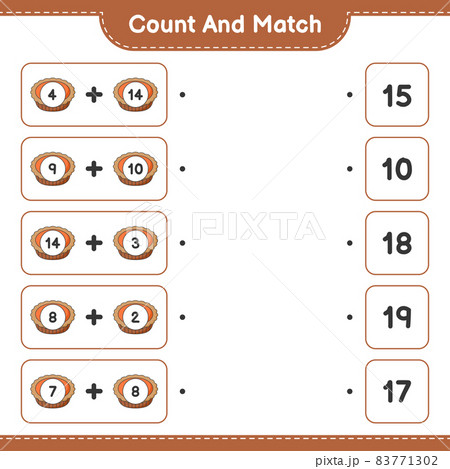 Count and match, count the number of Pie and match with the right numbers. Educational children game, printable worksheet, vector illustration 83771302