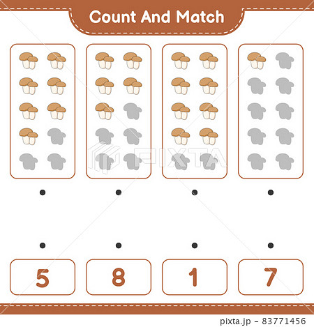 Count and match, count the number of Mushroom Boletus and match with the right numbers. Educational children game, printable worksheet, vector illustration 83771456