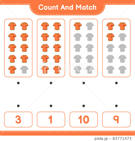 Count and match, count the number of T-shirt and match with the right numbers. Educational children game, printable worksheet, vector illustration 83771473