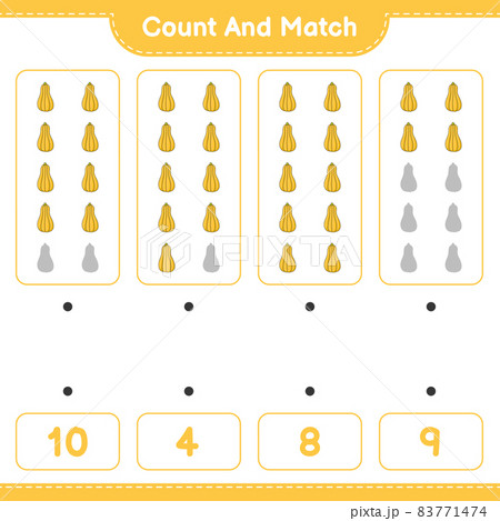 Count and match, count the number of Butternut Squash and match with the right numbers. Educational children game, printable worksheet, vector illustration 83771474