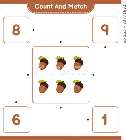 Count and match, count the number of Acorn and match with the right numbers. Educational children game, printable worksheet, vector illustration 83771692