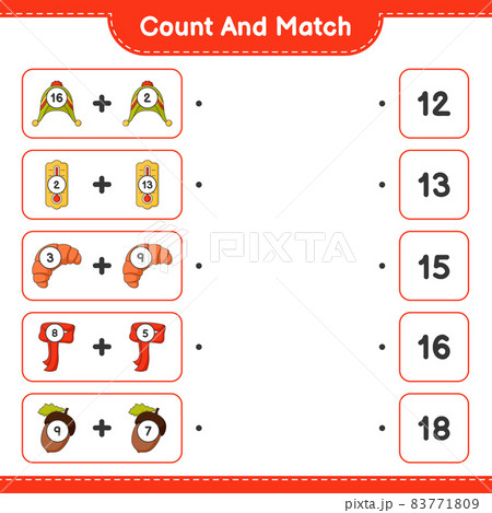 Count and match, count the number of Hat, Thermometer, Croissant, Scarf, Acorn and match with the right numbers. Educational children game, printable worksheet, vector illustration 83771809