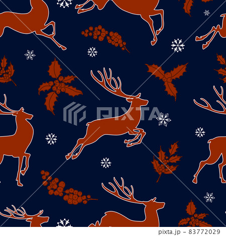 Deer silhouette on a seamless pattern. Red animals on a blue background with snowflakes. Vector illustration. 83772029