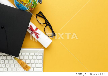top view academic cap glasses with keyboard. High quality beautiful photo concept 83772142