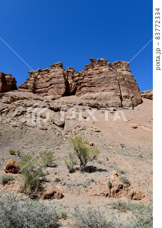 Canyon sunlit view with rocks and a pronounced texture of a yellowish stone, portrait orientation 83772334
