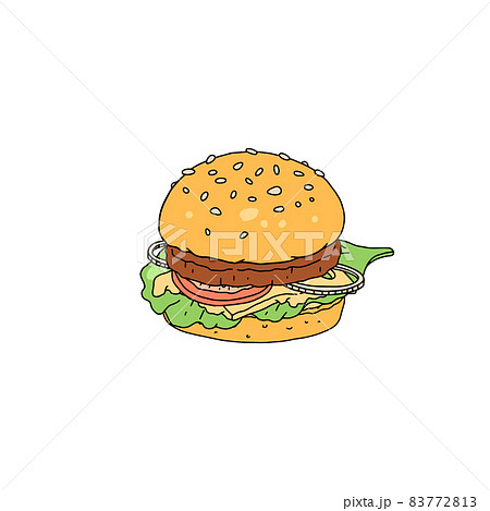 Tasty cheeseburger with patty minced beef vector icon. Fast food logo with detailed cartoon style burger. 83772813