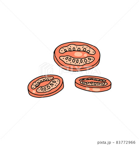 Thin sliced red tomato pieces, hand drawn engraving vector illustration isolated. 83772966