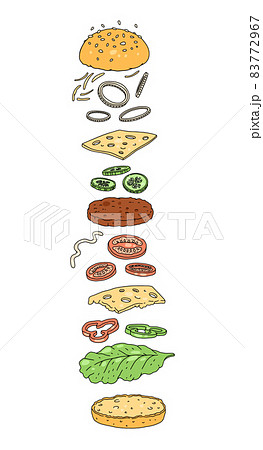 Flying burger ingredients in hand drawn sketch style - flat vector illustration isolated on white background. Flying burger ingredients in hand drawn sketch style - flat vector illustration isolated on white background. 83772967