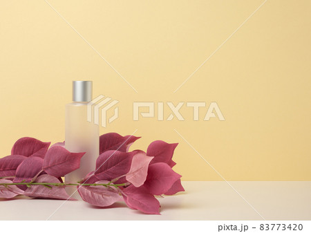 transparent plastic bottle on white table, branch with red leaves. Cosmetic products, brand promotion and advertising transparent plastic bottle on white table, branch with red leaves. Cosmetic products, brand promotion and advertising 83773420
