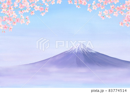 水彩で描く桜と富士山 はがきサイズ比率 手描きアナログのイラスト素材